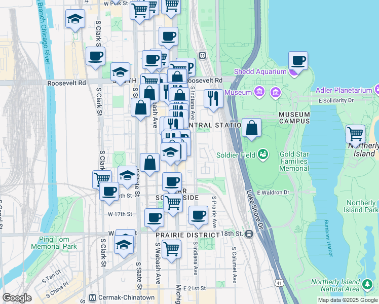 map of restaurants, bars, coffee shops, grocery stores, and more near 1430 South Indiana Avenue in Chicago
