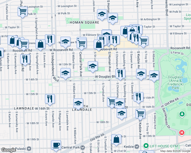 map of restaurants, bars, coffee shops, grocery stores, and more near 1329 South Saint Louis Avenue in Chicago