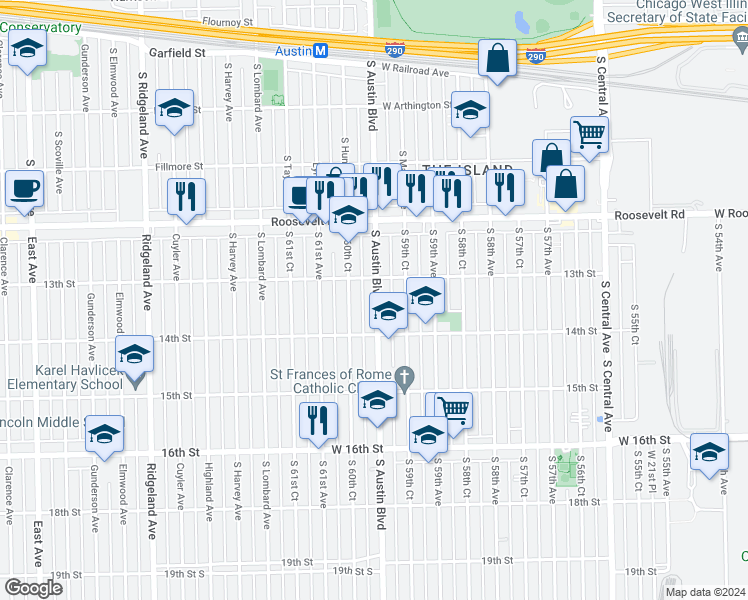 map of restaurants, bars, coffee shops, grocery stores, and more near in Cicero