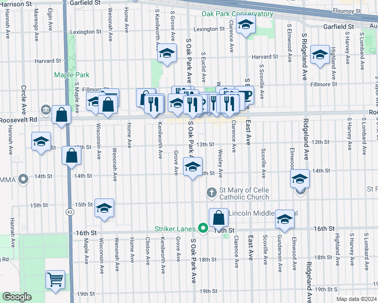 map of restaurants, bars, coffee shops, grocery stores, and more near 1250 Oak Park Avenue in Berwyn