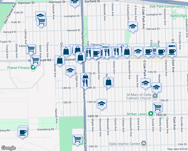 map of restaurants, bars, coffee shops, grocery stores, and more near 1241 Maple Avenue in Berwyn
