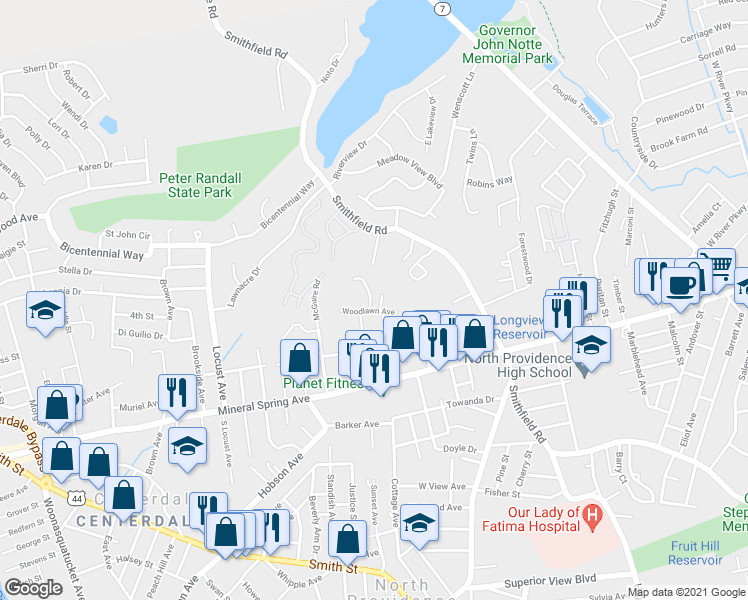 map of restaurants, bars, coffee shops, grocery stores, and more near 415 Sunset Avenue in North Providence