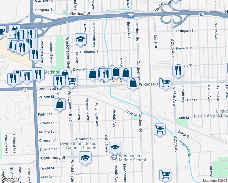 map of restaurants, bars, coffee shops, grocery stores, and more near 9941 Roosevelt Road in Westchester