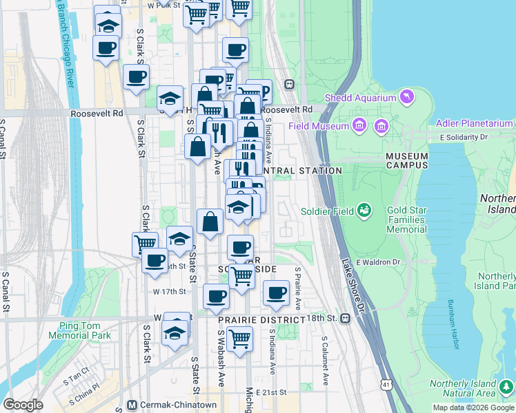 map of restaurants, bars, coffee shops, grocery stores, and more near 1439 South Michigan Avenue in Chicago