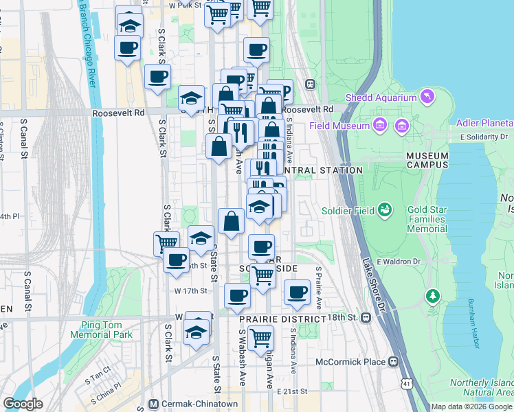 map of restaurants, bars, coffee shops, grocery stores, and more near 1440 South Michigan Avenue in Chicago