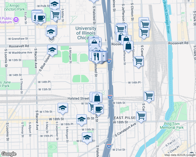 map of restaurants, bars, coffee shops, grocery stores, and more near 757 West 14th Street in Chicago