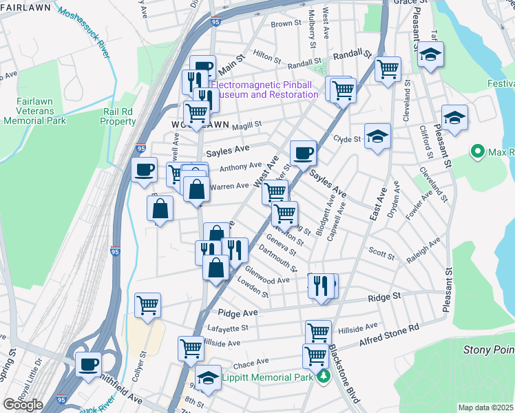 map of restaurants, bars, coffee shops, grocery stores, and more near 25 Belmont Street in Pawtucket