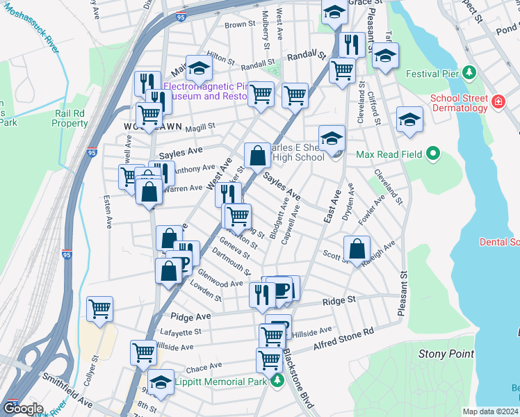 map of restaurants, bars, coffee shops, grocery stores, and more near 53 Auburn Street in Pawtucket