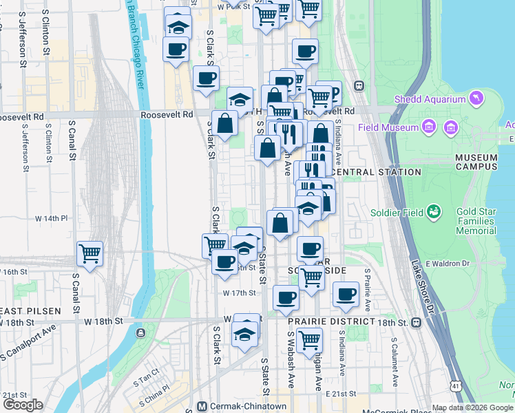 map of restaurants, bars, coffee shops, grocery stores, and more near 1401 South State Street in Chicago