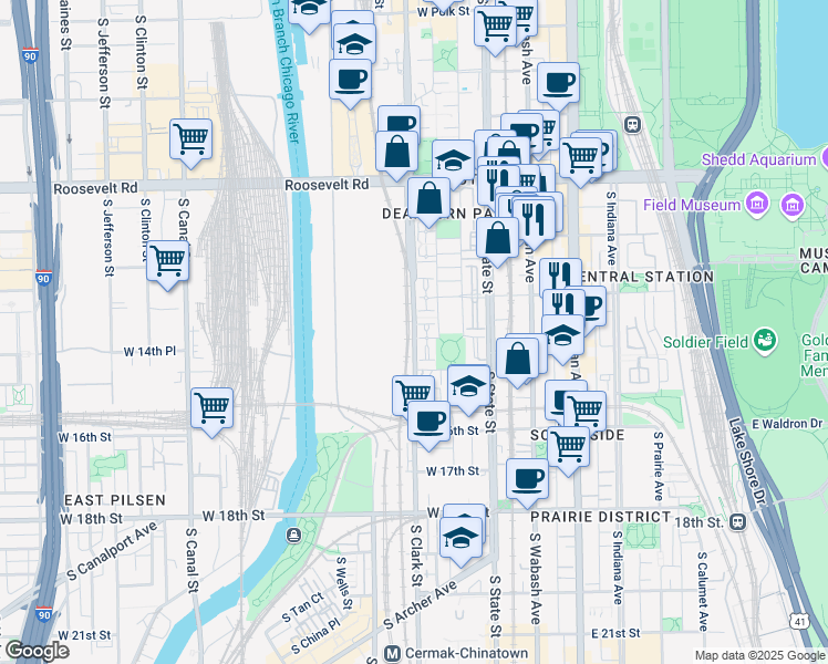 map of restaurants, bars, coffee shops, grocery stores, and more near 1416 South Federal Street in Chicago