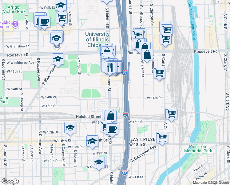 map of restaurants, bars, coffee shops, grocery stores, and more near 757 West 14th Street in Chicago