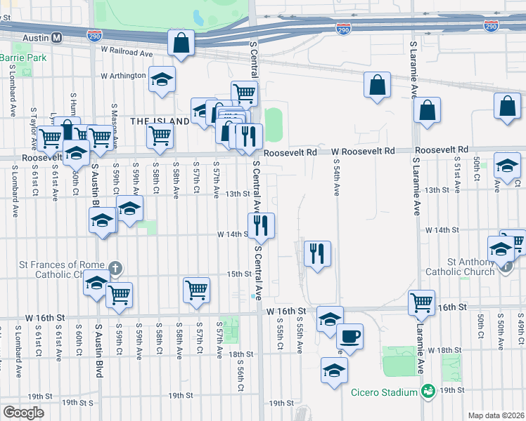 map of restaurants, bars, coffee shops, grocery stores, and more near 1308 South 55th Court in Cicero