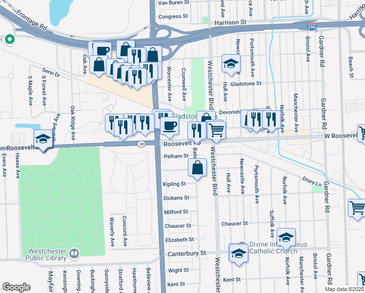 map of restaurants, bars, coffee shops, grocery stores, and more near 10300 Roosevelt Road in Westchester