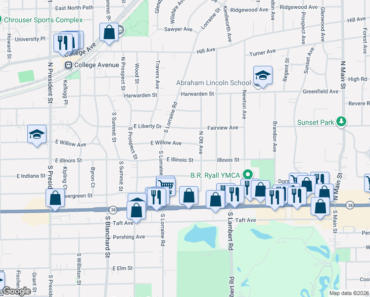 map of restaurants, bars, coffee shops, grocery stores, and more near 1907 East Willow Avenue in Wheaton