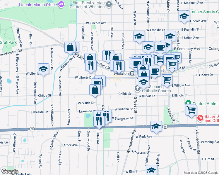 map of restaurants, bars, coffee shops, grocery stores, and more near 3 Wheaton Center in Wheaton