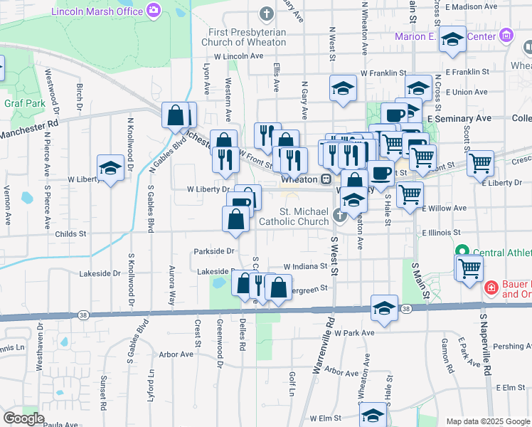 map of restaurants, bars, coffee shops, grocery stores, and more near 3 Wheaton Center in Wheaton