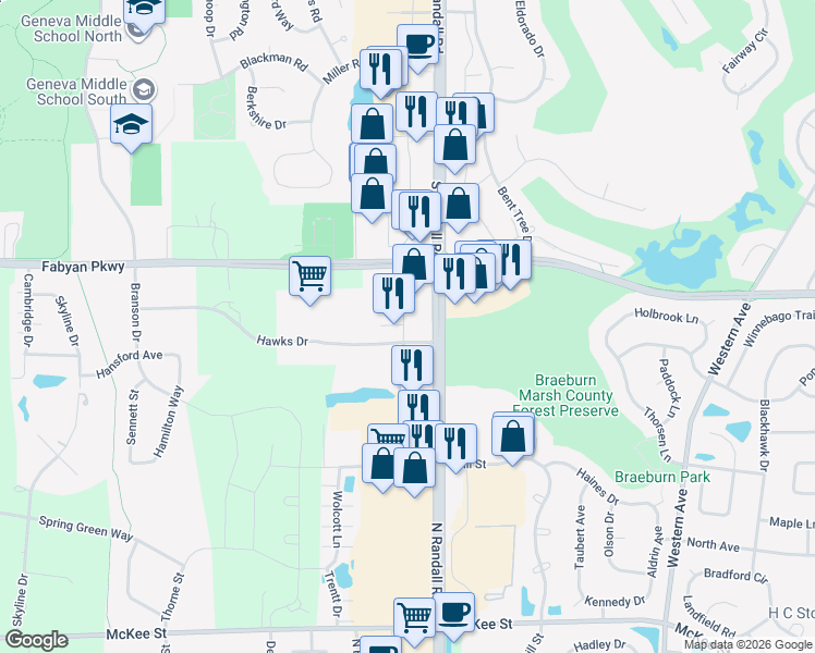 map of restaurants, bars, coffee shops, grocery stores, and more near 857 North Randall Road in Batavia