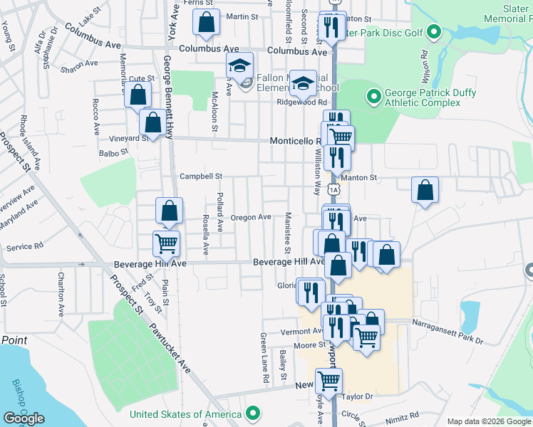 map of restaurants, bars, coffee shops, grocery stores, and more near 21 Miles Avenue in Pawtucket