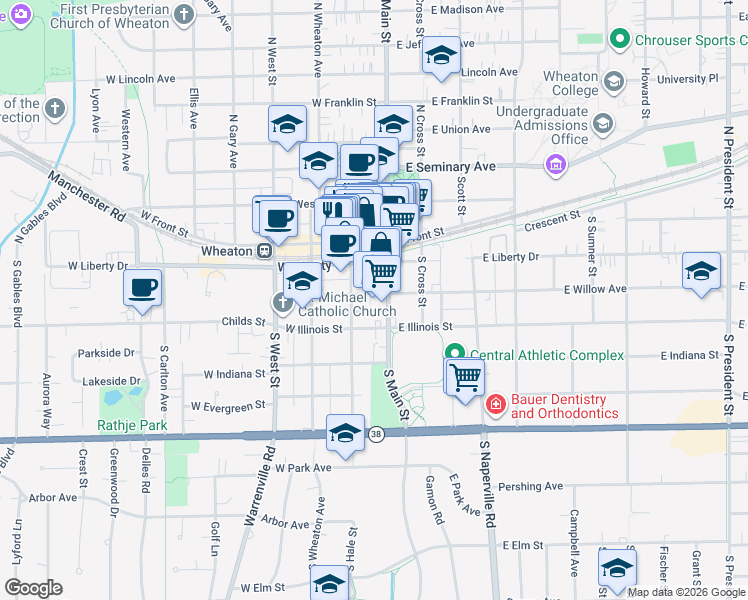 map of restaurants, bars, coffee shops, grocery stores, and more near 107 West Willow Avenue in Wheaton