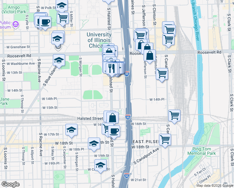 map of restaurants, bars, coffee shops, grocery stores, and more near 757 West 14th Street in Chicago