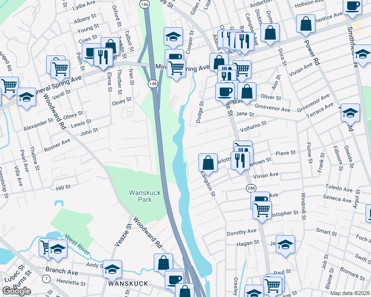 map of restaurants, bars, coffee shops, grocery stores, and more near 2 Volturno St in North Providence