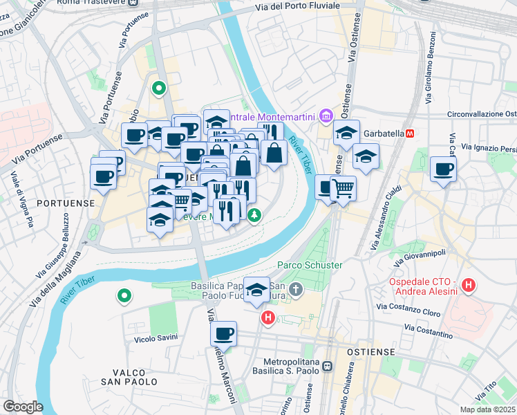 map of restaurants, bars, coffee shops, grocery stores, and more near 67 Via Luca Valerio in Rome