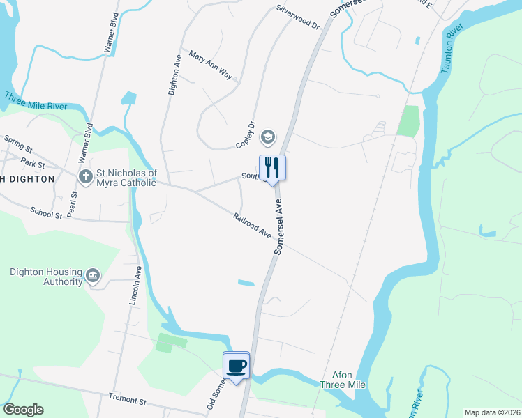 map of restaurants, bars, coffee shops, grocery stores, and more near 1453 Massachusetts 138 in Taunton