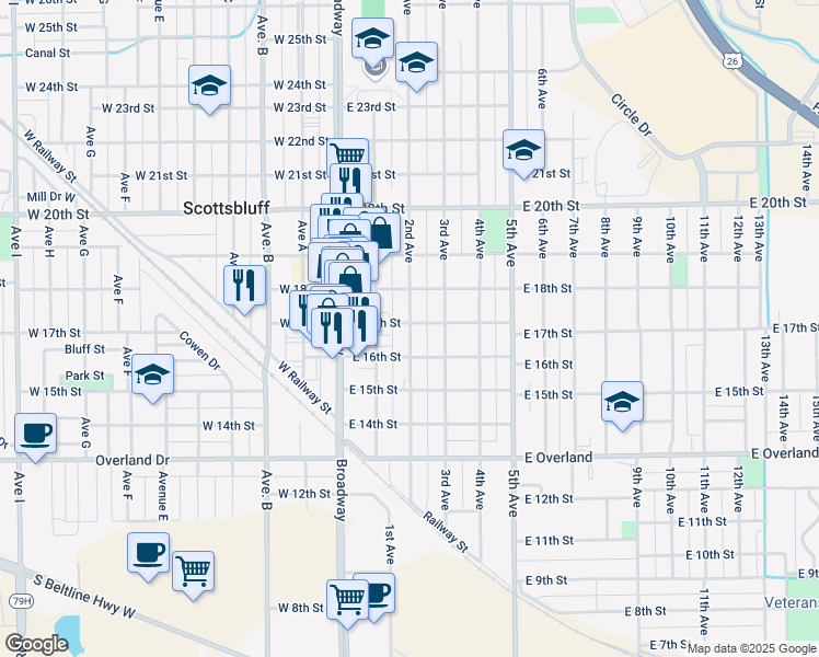 map of restaurants, bars, coffee shops, grocery stores, and more near 202 East 17th Street in Scottsbluff