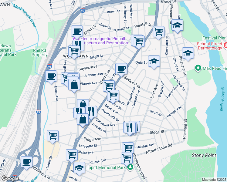 map of restaurants, bars, coffee shops, grocery stores, and more near 431 Pawtucket Avenue in Pawtucket