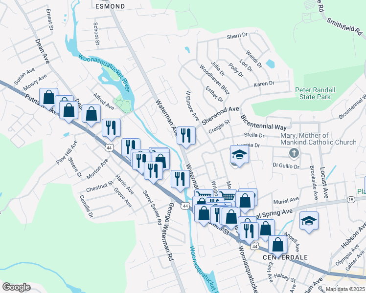 map of restaurants, bars, coffee shops, grocery stores, and more near 126 1/2 Waterman Avenue in North Providence