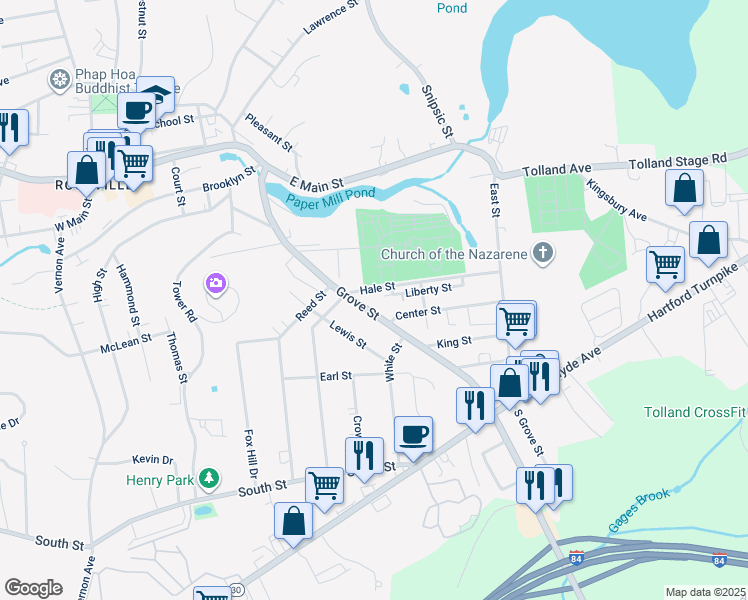 map of restaurants, bars, coffee shops, grocery stores, and more near 89 Grove Street in Vernon