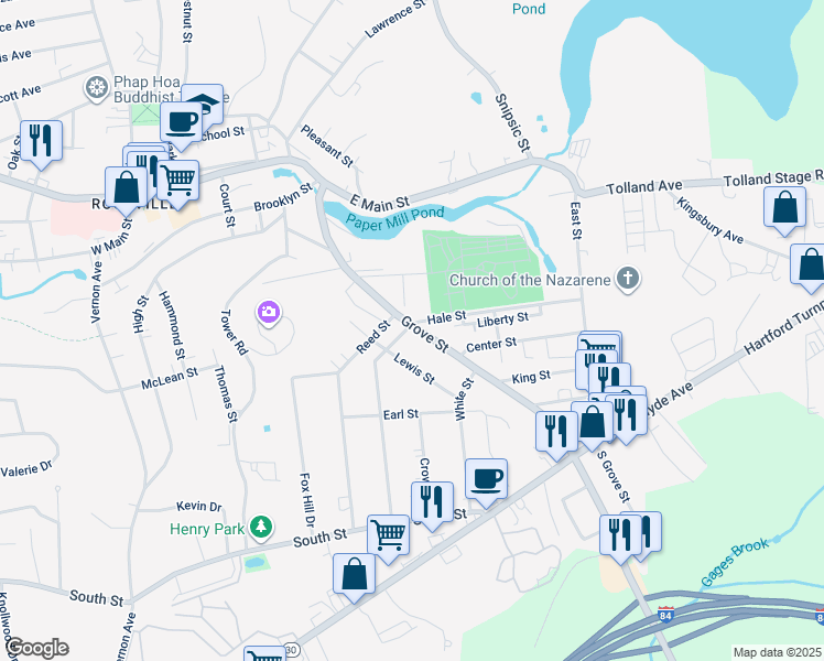 map of restaurants, bars, coffee shops, grocery stores, and more near 89 Grove Street in Vernon