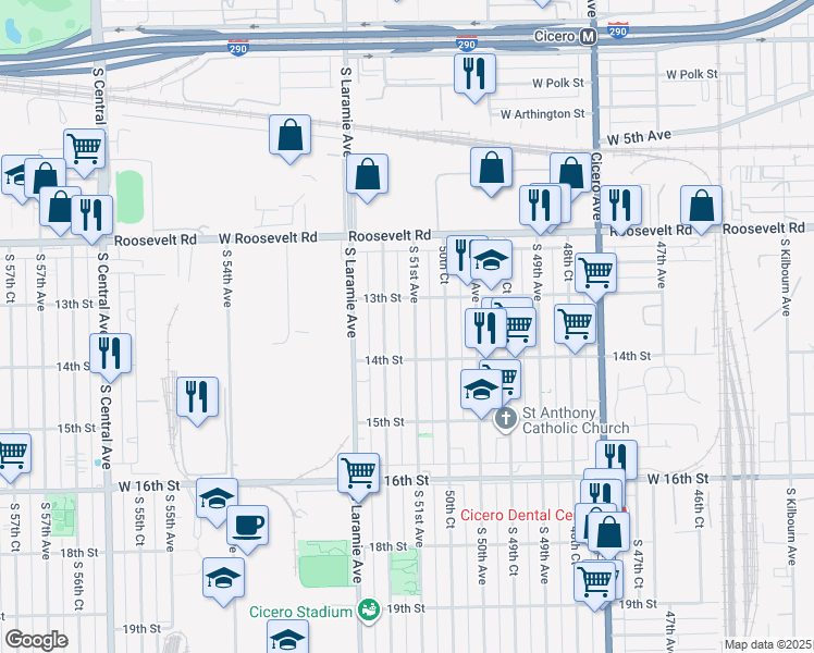 map of restaurants, bars, coffee shops, grocery stores, and more near 1311 South 51st Court in Cicero