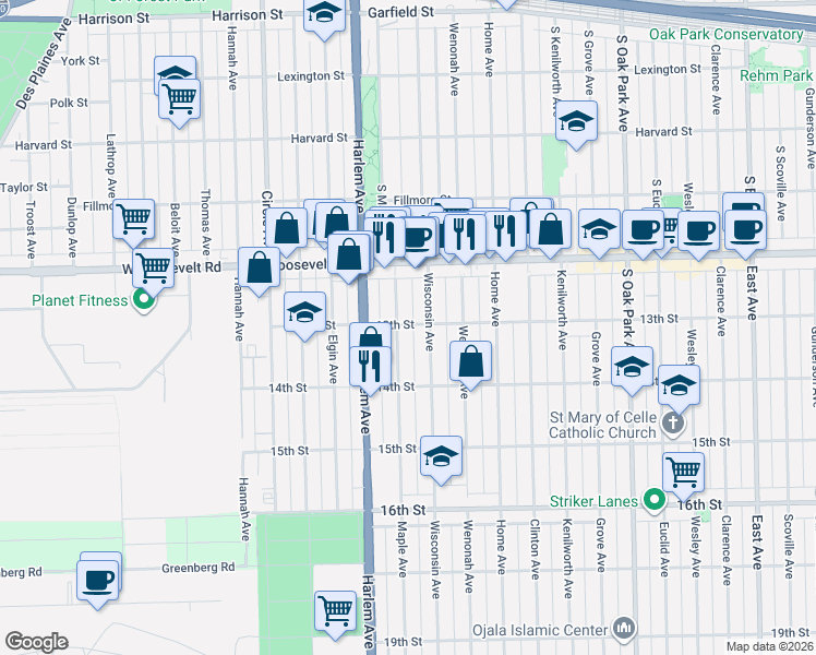 map of restaurants, bars, coffee shops, grocery stores, and more near 1241 Maple Avenue in Berwyn
