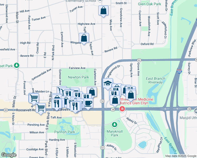 map of restaurants, bars, coffee shops, grocery stores, and more near 95 Carleton Avenue in Glen Ellyn