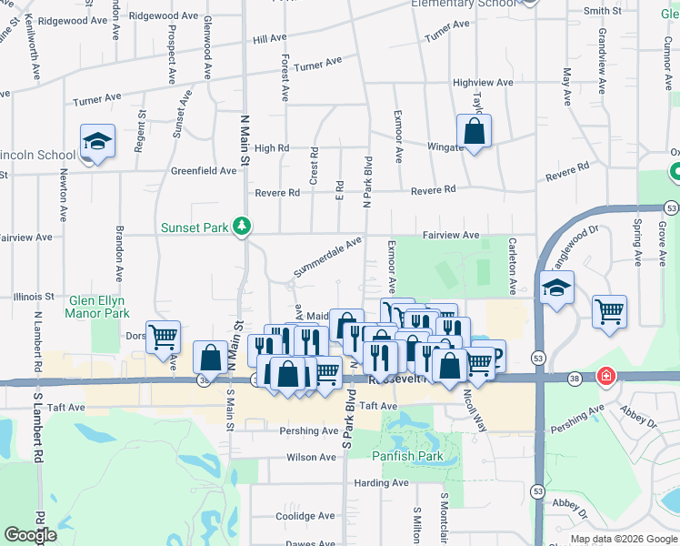 map of restaurants, bars, coffee shops, grocery stores, and more near 611 Summerdale Avenue in Glen Ellyn