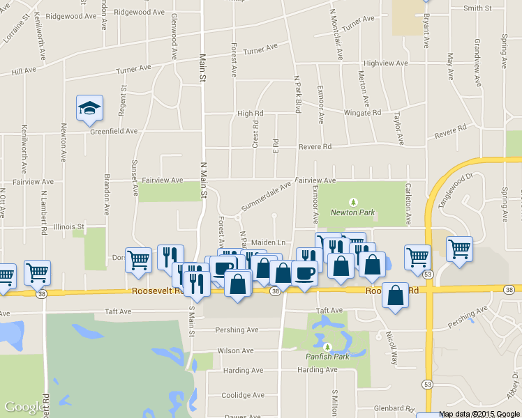 map of restaurants, bars, coffee shops, grocery stores, and more near 576 Summerdale Avenue in Glen Ellyn
