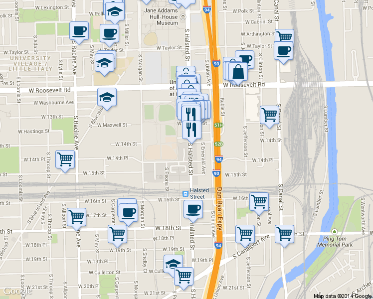 map of restaurants, bars, coffee shops, grocery stores, and more near 1414 S Halsted St in Chicago