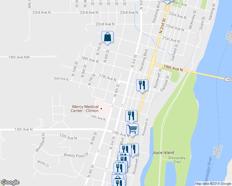 map of restaurants, bars, coffee shops, grocery stores, and more near 1600 North 4th Street in Clinton
