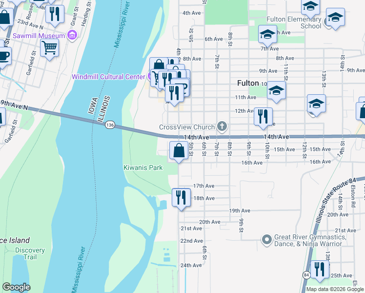 map of restaurants, bars, coffee shops, grocery stores, and more near 408 14th Avenue in Fulton