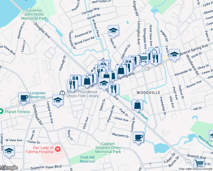 map of restaurants, bars, coffee shops, grocery stores, and more near in North Providence