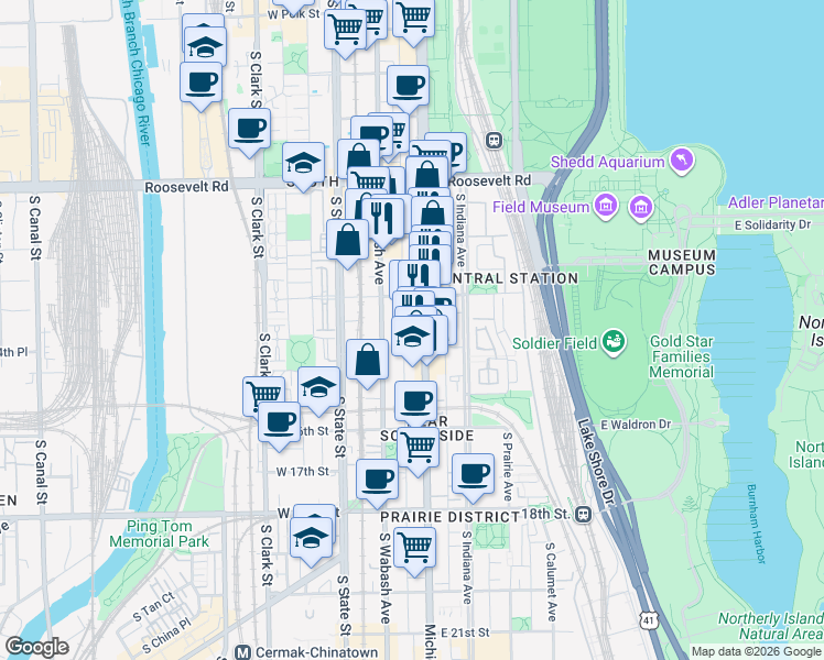 map of restaurants, bars, coffee shops, grocery stores, and more near 1430 South Michigan Avenue in Chicago