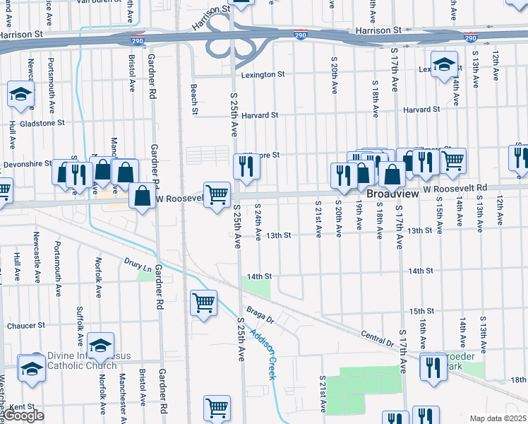 map of restaurants, bars, coffee shops, grocery stores, and more near 2312 Roosevelt Road in Broadview