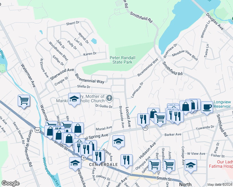 map of restaurants, bars, coffee shops, grocery stores, and more near 7 Jacksonia Drive in North Providence