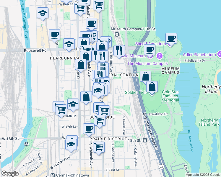map of restaurants, bars, coffee shops, grocery stores, and more near 1440 South Indiana Avenue in Chicago