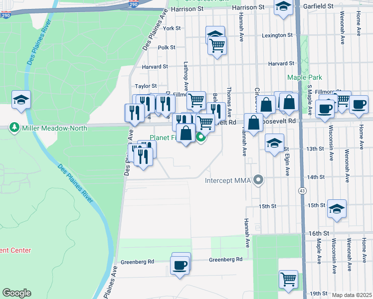 map of restaurants, bars, coffee shops, grocery stores, and more near 7600 Roosevelt Road in Forest Park