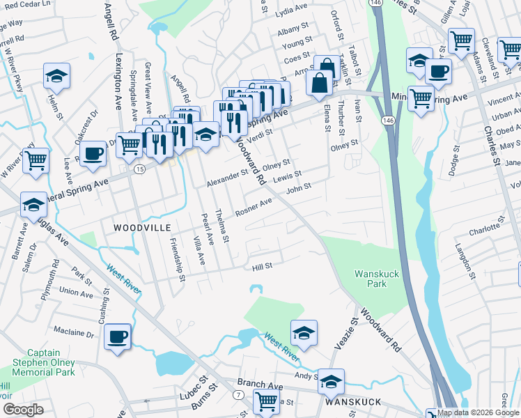 map of restaurants, bars, coffee shops, grocery stores, and more near 19 Rosner Avenue in North Providence