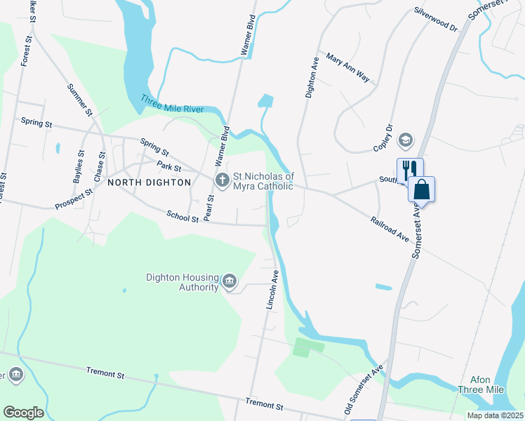 map of restaurants, bars, coffee shops, grocery stores, and more near 158 Lincoln Avenue in Dighton