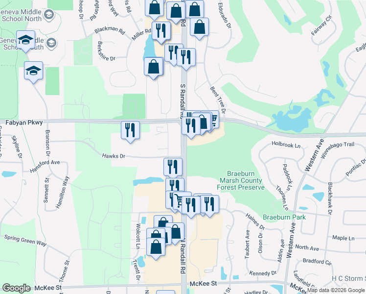 map of restaurants, bars, coffee shops, grocery stores, and more near 623-857 N Randall Rd in Batavia