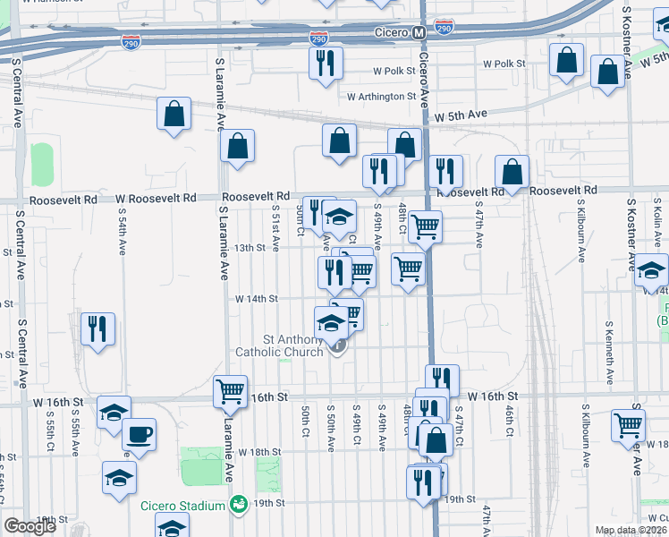 map of restaurants, bars, coffee shops, grocery stores, and more near 1310 South 49th Court in Cicero